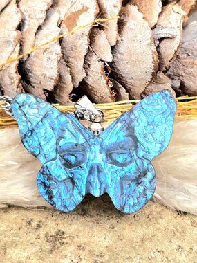 Nature Labradorite Carved Hidden Skull Butterfly Pendant Necklace
